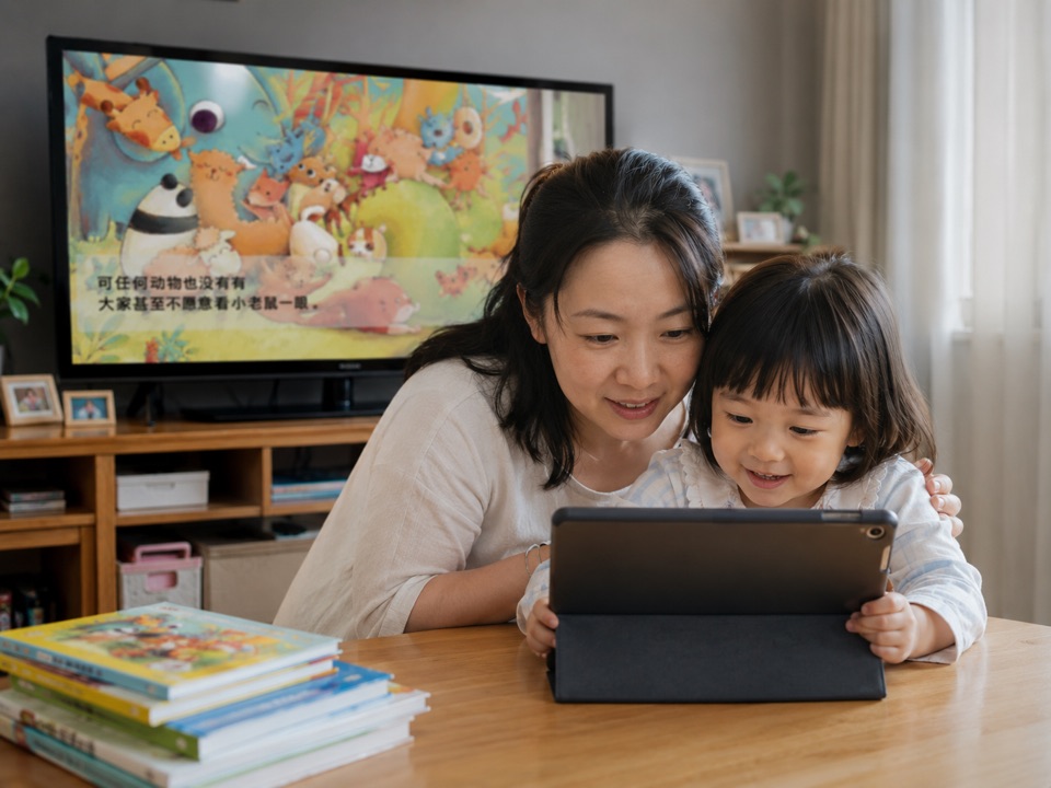 Parent and child reading with Dudu at home