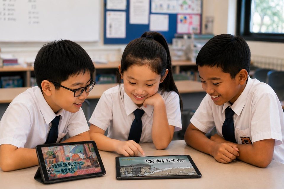 Students reading Chinese ebooks together on tablets